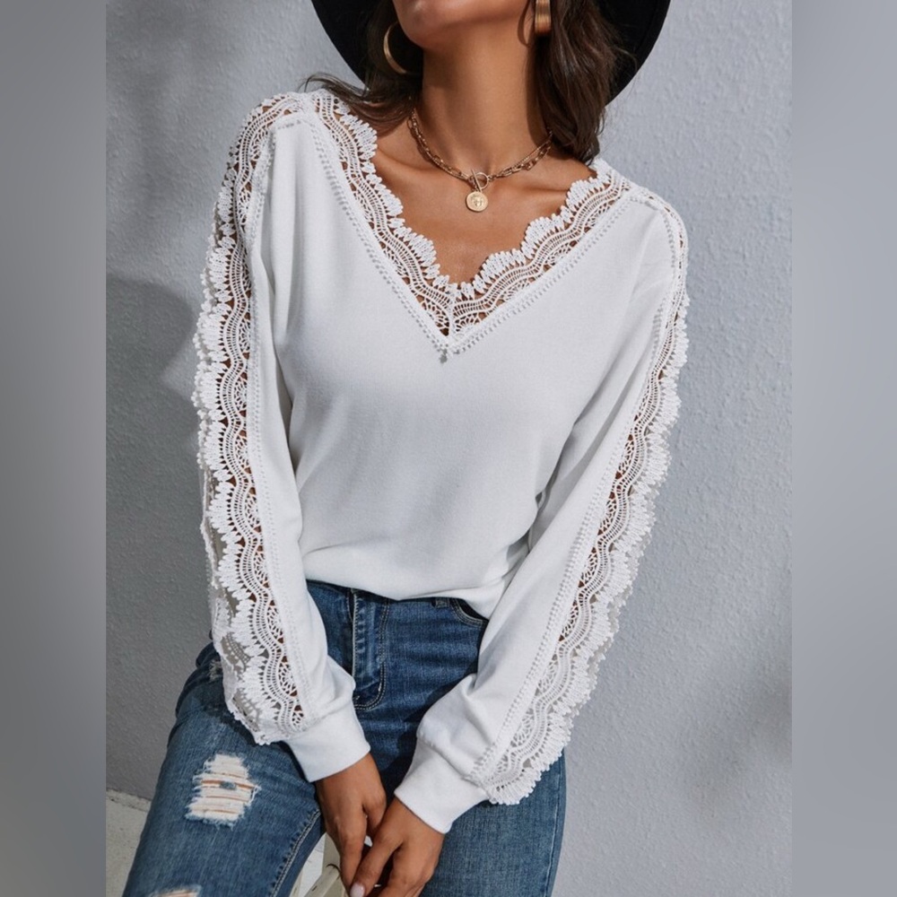 White Lace Trim V-Neck Women's Top - Picture 7 of 13